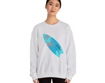 Unisex Heavy Blend™ Crewneck Sweatshirt with a surf board on the front of it.