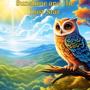 May include: A vibrant illustration from a children's book, featuring a colorful owl perched on a branch. The image includes text that reads "Sunshine and the Lost Star" and "For children aged 3 and 8 years."