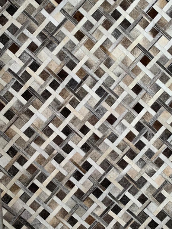 Cowhide area rug Multi Color brown grey beige handcrafted leather patchwork design rug