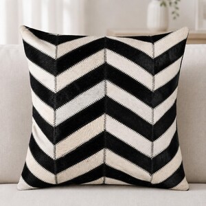 Black Cowhide Chevron Cushion Cover – Genuine Leather Pillow, Rustic Farmhouse Style size 18x18 inch