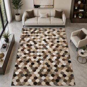 Hexagon Patchwork Cowhide Rug – Natural leather brown beige tones Area Carpet Rustic home decor