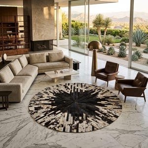 Genuine Cowhide Leather Rug: Round Hair-on Hide Area Rug – Rustic Home Decor