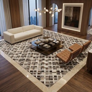 May include: A modern living room featuring a cream-colored sofa, a glass-top coffee table, and two brown leather chairs. The room has a large patterned rug, wooden floors, and large windows with a city view. A chandelier hangs from the ceiling.