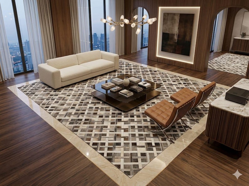 May include: A modern living room featuring a cream-colored sofa, a glass-top coffee table, and two brown leather chairs. The room has a large patterned rug, wooden floors, and large windows with a city view. A chandelier hangs from the ceiling.