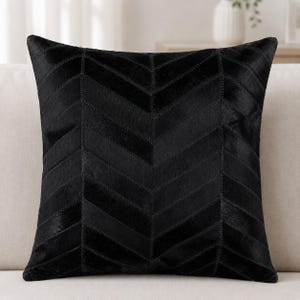 Black Cowhide Chevron Cushion Cover – Genuine Leather Pillow, Rustic Farmhouse Décor (18x18 Inch)