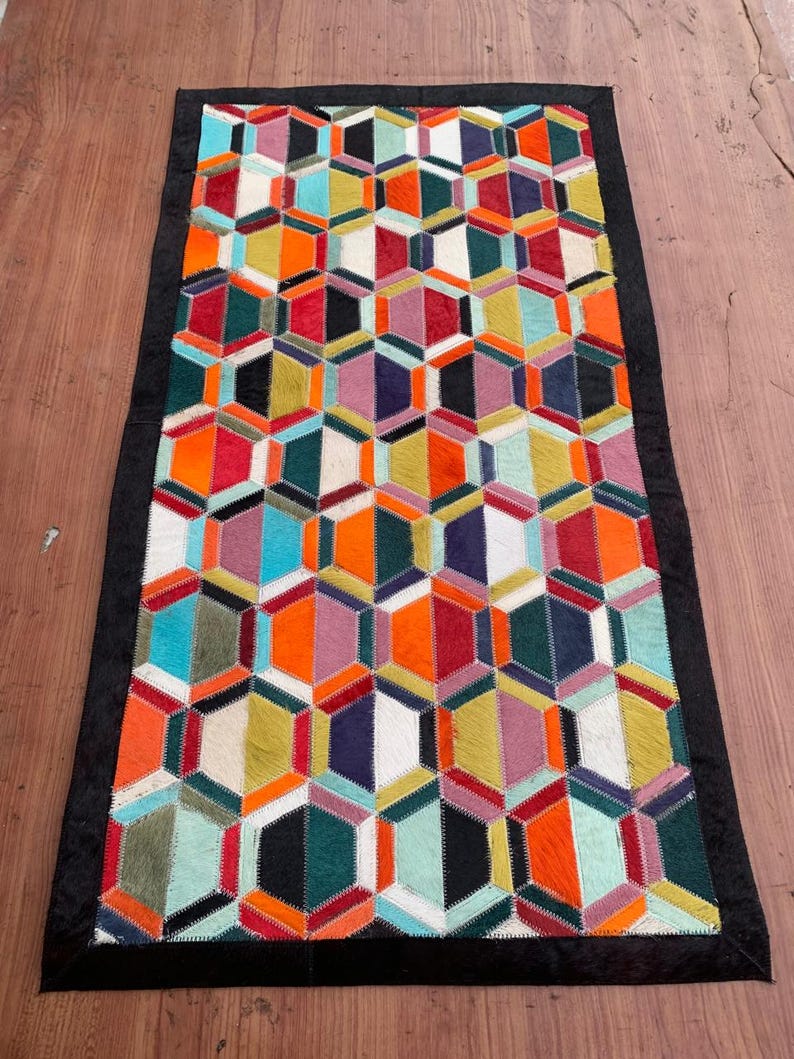 Handmade Cowhide Patchwork Rug Colorful Geometric 3D Cube Modern Area ...