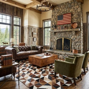 Alfombra de piel de vaca 100 % natural con patchwork de cuero marrón y beige