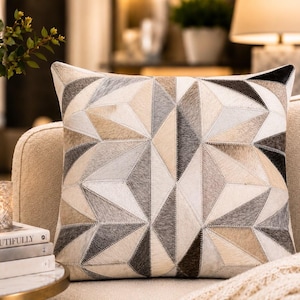 Genuine Cowhide Leather Cushion Cover: Geometric Patchwork Pillow, Rustic Farmhouse Decor size 18x18 inch
