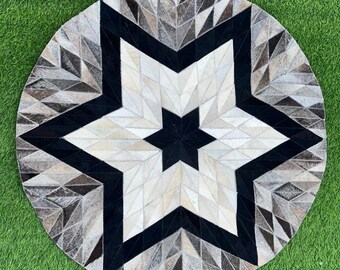 Genuine Cowhide Leather Round Rug: Natural Rustic Star Pattern Home Decor