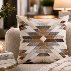 Genuine Cowhide Leather Patchwork Cushion Cover – Rustic Farmhouse Pillow (18x18 Inch)
