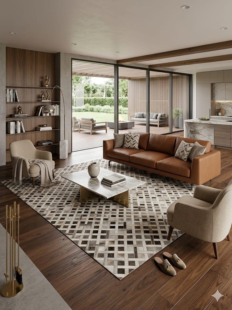 May include: A modern living room with a brown leather sofa, two armchairs, and a geometric patterned rug. A marble coffee table sits in the center. Large glass doors lead to an outdoor patio with additional seating.