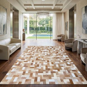 Könnte beinhalten: Ein großer rechteckiger Teppich mit einem geometrischen Muster in Braun-, Beige- und Weißtönen. Der Teppich besteht aus rechteckigen Teilen, die in einem sich wiederholenden Muster angeordnet sind. Der Teppich liegt auf einem dunklen Holzboden in einem geräumigen Raum mit großen Fenstern.