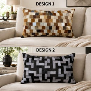 May include: Two rectangular throw pillows are displayed. Design 1 features a patchwork of square tiles in shades of brown, tan, cream, and white. Design 2 features a geometric pattern of rectangular tiles in shades of black, gray, and white.