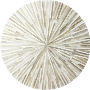 Round Cowhide Rug Beige Gray Cream Radial Patchwork Area Rug Modern Decor