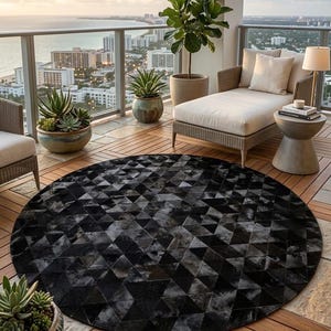 Tapis rond en cuir de vachette noir - Tapis patchwork en cuir véritable