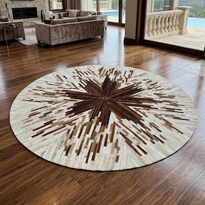 Alfombra redonda de piel de vaca: diseño natural, elegancia rústica.