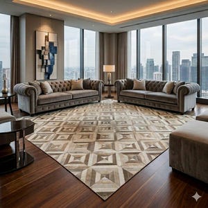 Cowhide area rug Geometric patchwork Beige leather rug