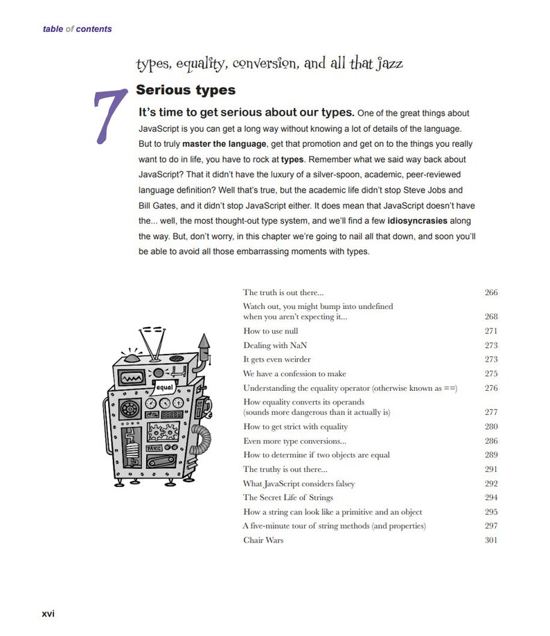 May include: A black and white illustration of a robot with a screen that says "equal" on it. The robot is surrounded by text about JavaScript types, equality, and conversion. The text includes topics like "The truth is out there", "Watch out, you might bump into undefined", "How to use null", "Dealing with NaN", "It gets even weirder", "Understanding the equality operator", "How equality converts its operands", "How to get strict with equality", "Even more type conversions", "How to determine if two objects are equal", "The truthy is out there", "What JavaScript considers falsey", "The Secret Life of Strings", "How a string can look like a primitive and an object", "A five-minute tour of string methods (and properties)", and "Chair Wars".