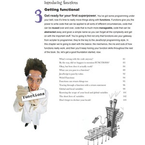 May include: A cartoon illustration of a scientist holding a sign that says "functions". The illustration is part of a book chapter about functions in JavaScript programming. The chapter covers topics such as passing values to functions, return values, global and local variables, and the scope of variables.