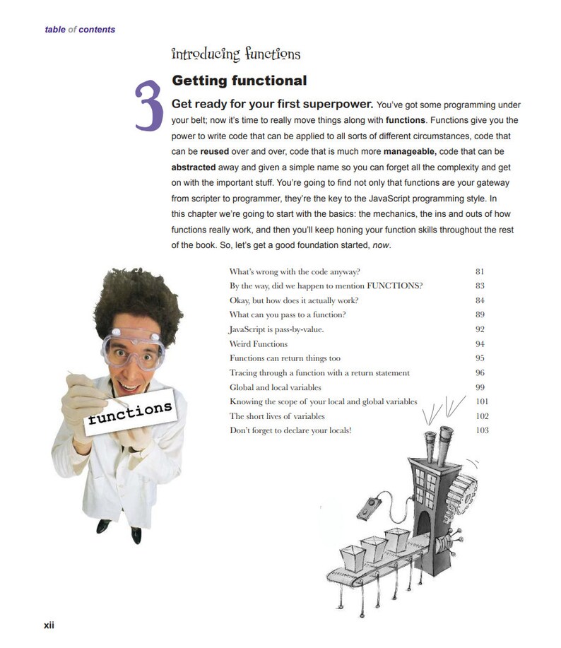 May include: A cartoon illustration of a scientist holding a sign that says "functions". The illustration is part of a book chapter about functions in JavaScript programming. The chapter covers topics such as passing values to functions, return values, global and local variables, and the scope of variables.