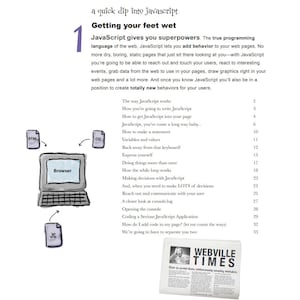 May include: A colorful illustration of a web browser with HTML, CSS, and JavaScript files connected to it. The text "JavaScript gives you superpowers" is highlighted in purple. The text "The way JavaScript works" is listed with a table of contents of JavaScript topics.