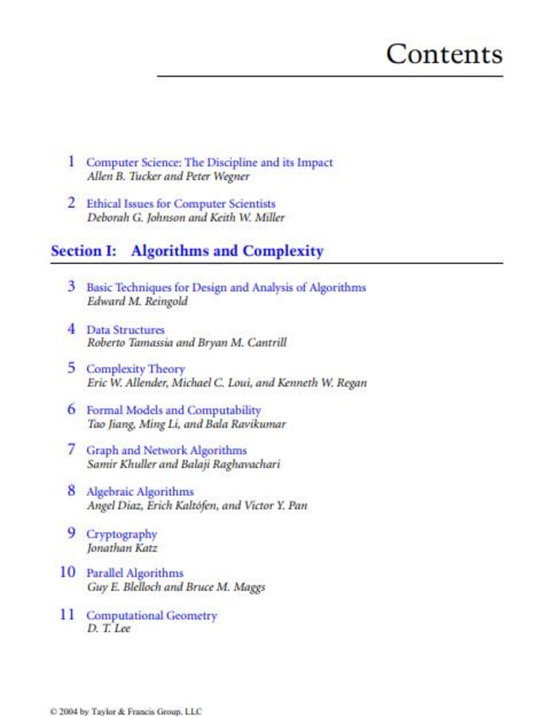 K&ouml;nnte beinhalten: Ein Inhaltsverzeichnis f&uuml;r ein Buch mit dem Titel "Algorithmen und Komplexit&auml;t". Das Buch ist in elf Abschnitte unterteilt, die jeweils einen Titel und die Namen der Autoren tragen, die zu diesem Abschnitt beigetragen haben.