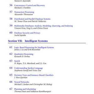 K&ouml;nnte beinhalten: Eine schwarz-wei&szlig;e Seite mit einer Liste von Themen und Autoren f&uuml;r ein Buch &uuml;ber intelligente Systeme. Die Themen umfassen logikbasiertes Schlussfolgern, qualitatives Schlussfolgern, Suche, Verst&auml;ndnis gesprochener Sprache, Entscheidungsb&auml;ume, neuronale Netze, Planung und Scheduling, erkl&auml;rungsbasiertes Lernen und kognitive Modellierung.