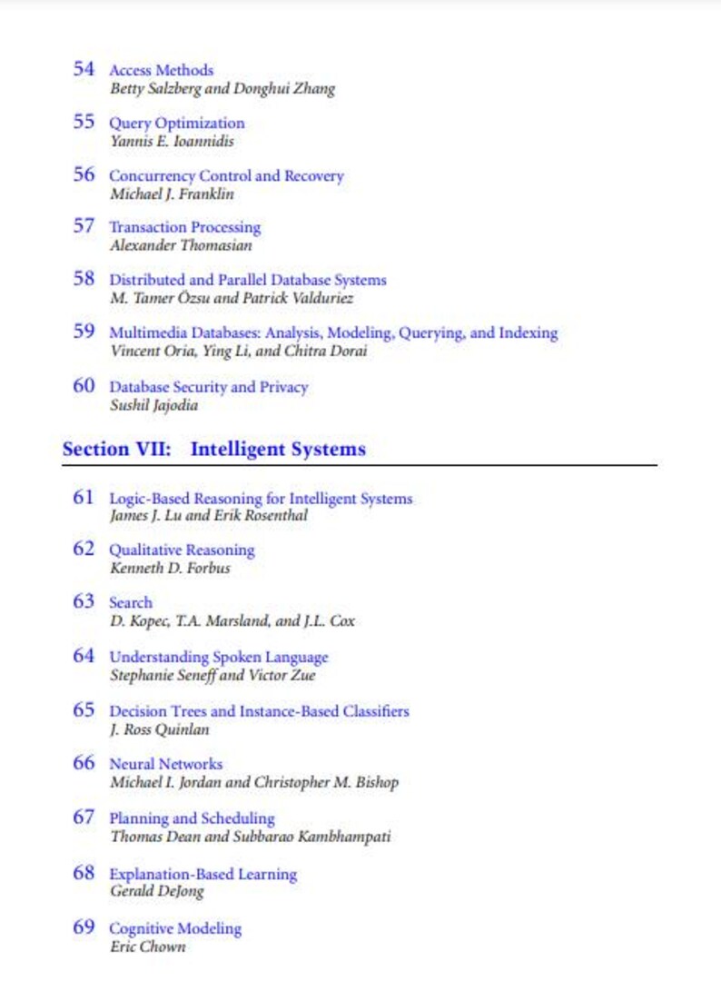 K&ouml;nnte beinhalten: Eine schwarz-wei&szlig;e Seite mit einer Liste von Themen und Autoren f&uuml;r ein Buch &uuml;ber intelligente Systeme. Die Themen umfassen logikbasiertes Schlussfolgern, qualitatives Schlussfolgern, Suche, Verst&auml;ndnis gesprochener Sprache, Entscheidungsb&auml;ume, neuronale Netze, Planung und Scheduling, erkl&auml;rungsbasiertes Lernen und kognitive Modellierung.