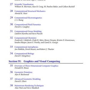 K&ouml;nnte beinhalten: Eine schwarz-wei&szlig;e Inhalts&uuml;bersicht f&uuml;r ein Buch &uuml;ber Computational Science und Grafik und Visual Computing. Die Inhalts&uuml;bersicht listet die Kapitel und Autoren f&uuml;r jedes Kapitel auf.