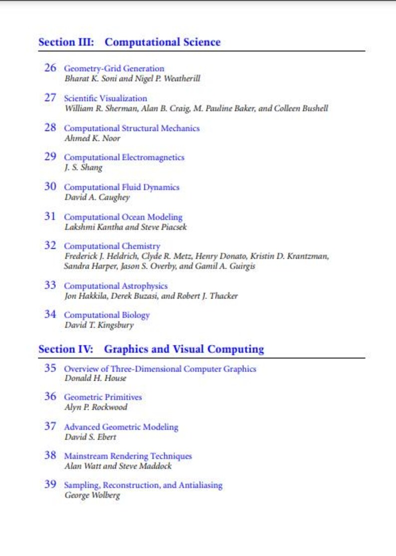 K&ouml;nnte beinhalten: Eine schwarz-wei&szlig;e Inhalts&uuml;bersicht f&uuml;r ein Buch &uuml;ber Computational Science und Grafik und Visual Computing. Die Inhalts&uuml;bersicht listet die Kapitel und Autoren f&uuml;r jedes Kapitel auf.