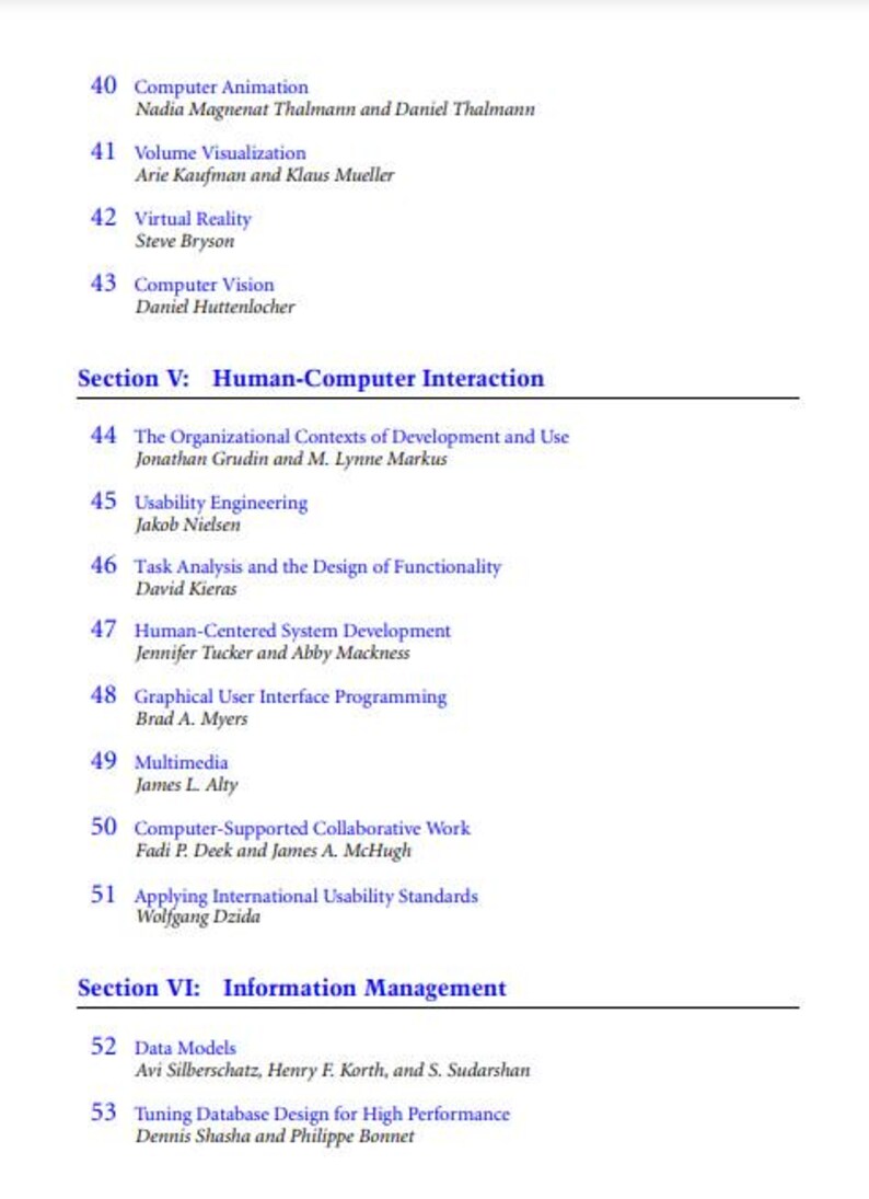 K&ouml;nnte beinhalten: Ein Schwarzwei&szlig;bild eines Buches mit einem Inhaltsverzeichnis, das Themen im Bereich der Informatik auflistet. Die Themen umfassen Computeranimation, Volumenvisualisierung, Virtual Reality, Computer Vision, Mensch-Computer-Interaktion, Usability Engineering, Aufgabenanalyse, Human-Centered System Development, Programmierung grafischer Benutzeroberfl&auml;chen, Multimedia, Computergest&uuml;tzte Zusammenarbeit, Anwendung internationaler Usability-Standards, Datenmodelle und Optimierung des Datenbankdesigns f&uuml;r hohe Leistung.