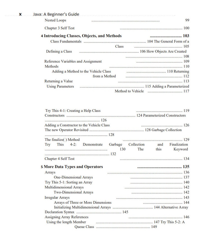 May include: A page from a Java programming textbook, titled "Java: A Beginner's Guide". The page covers topics like classes, objects, methods, arrays, and data types. The page numbers are visible, starting at 99 and ending at 149.