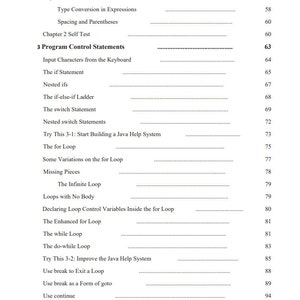 May include: A black and white page with a table of contents for a book about Java programming. The table of contents includes topics like program control statements, loops, and the Java Help System.
