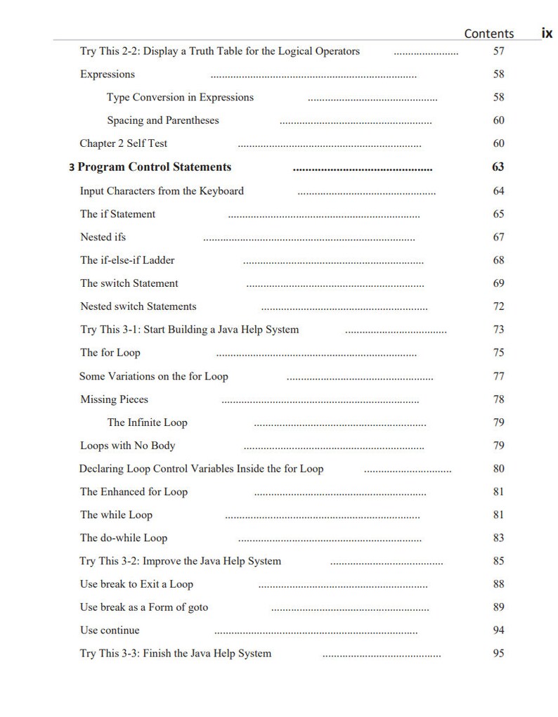 May include: A black and white page with a table of contents for a book about Java programming. The table of contents includes topics like program control statements, loops, and the Java Help System.