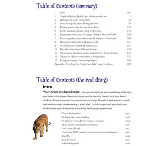 May include: Table of Contents for a book about learning JavaScript programming. The book uses a brain-friendly approach to help readers learn the language. The cover features a tiger illustration.