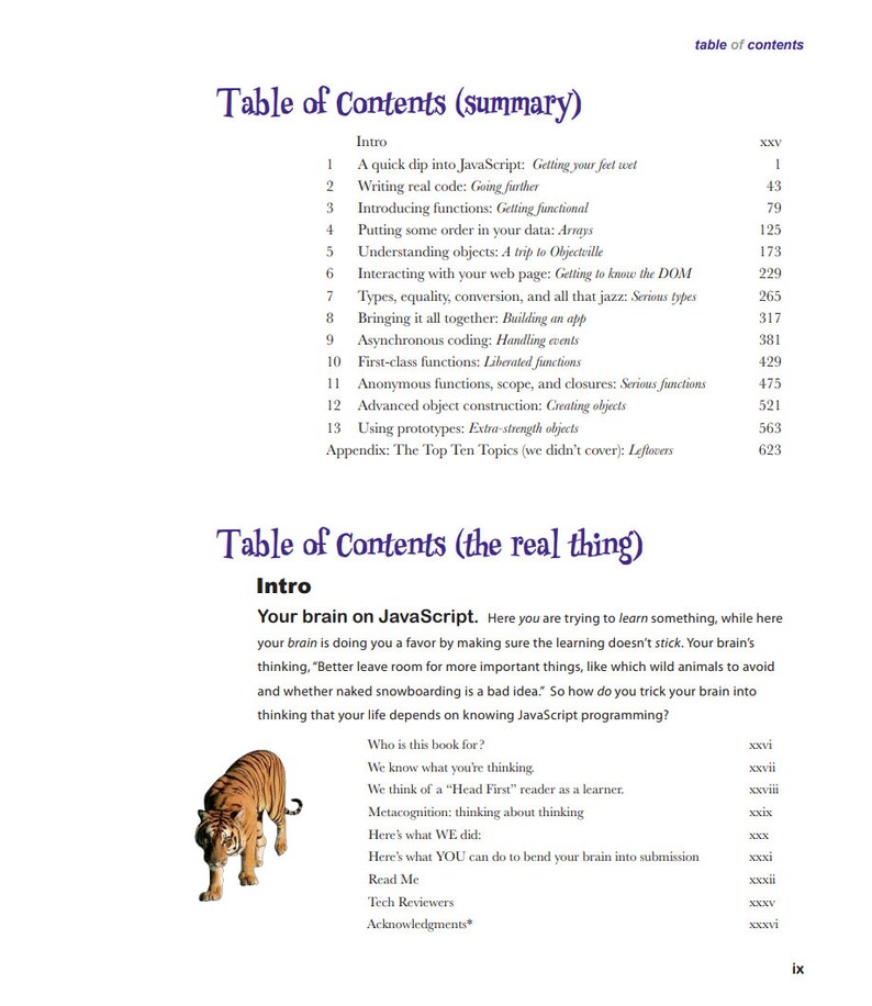 May include: Table of Contents for a book about learning JavaScript programming. The book uses a brain-friendly approach to help readers learn the language. The cover features a tiger illustration.
