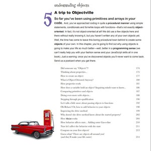 May include: A red vintage car with a gas pump in front of it. The text on the page reads "A trip to Objectville" and discusses object-oriented programming in JavaScript.