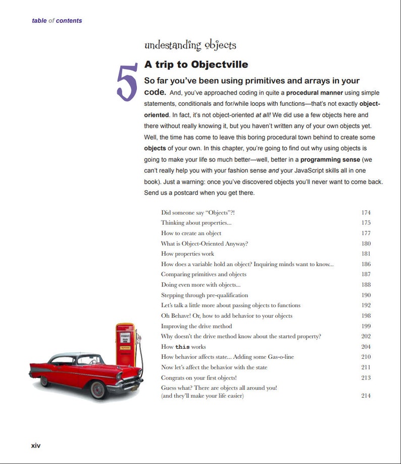 May include: A red vintage car with a gas pump in front of it. The text on the page reads "A trip to Objectville" and discusses object-oriented programming in JavaScript.