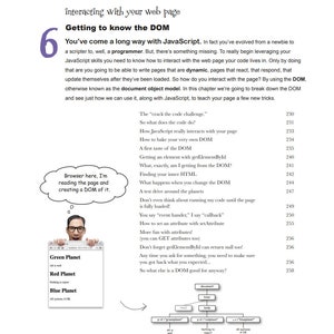 May include: A cartoon illustration of a browser window with three planet icons labeled "Green Planet", "Red Planet", and "Blue Planet". The text "All systems A-OK" is below the "Blue Planet" icon. The illustration is accompanied by text explaining how to interact with web pages using the Document Object Model (DOM).
