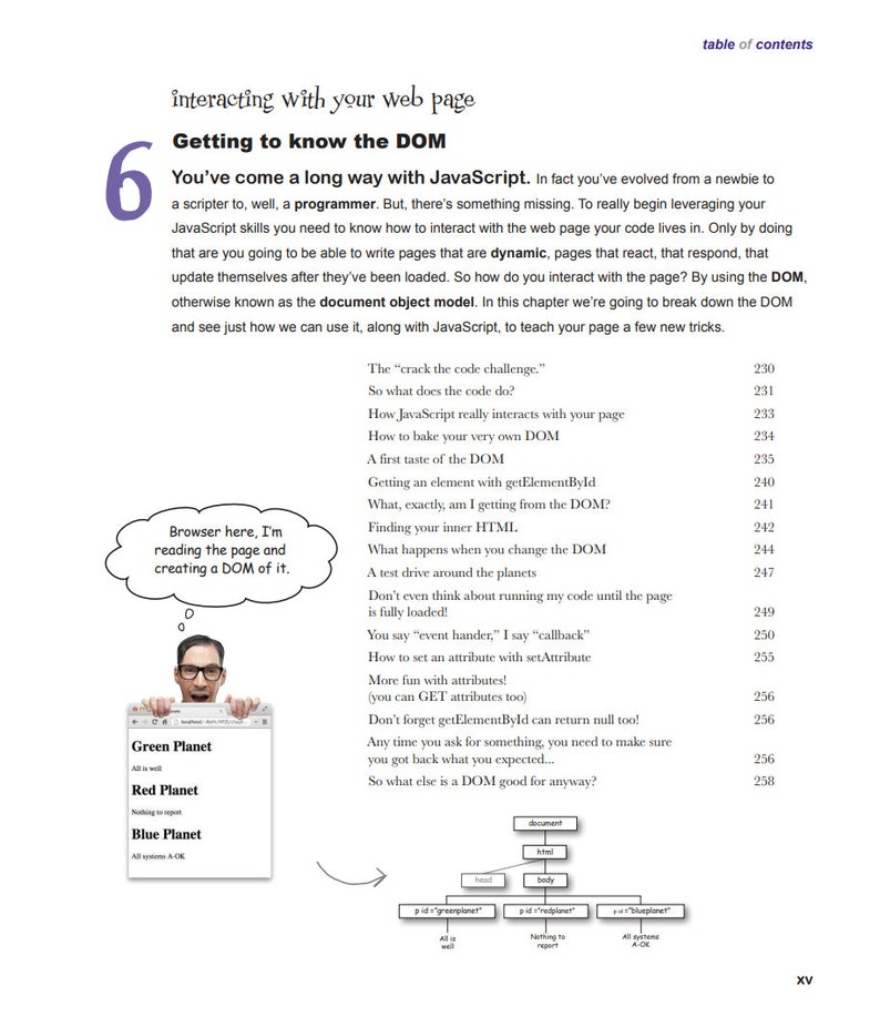May include: A cartoon illustration of a browser window with three planet icons labeled "Green Planet", "Red Planet", and "Blue Planet". The text "All systems A-OK" is below the "Blue Planet" icon. The illustration is accompanied by text explaining how to interact with web pages using the Document Object Model (DOM).