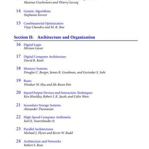 K&ouml;nnte beinhalten: Eine Seite aus einem Buch mit dem Titel "Architektur und Organisation" mit einer Liste von Kapiteln und Autoren. Die Kapitel umfassen Digitale Logik, Digitale Computerarchitektur, Speichersysteme, Busse, Eingabe-/Ausgabeger&auml;te und Interaktionstechniken, Sekund&auml;re Speichersysteme, Hochgeschwindigkeits-Computerarithmetik, Parallele Architekturen, Architektur und Netzwerke sowie Fehlertoleranz.