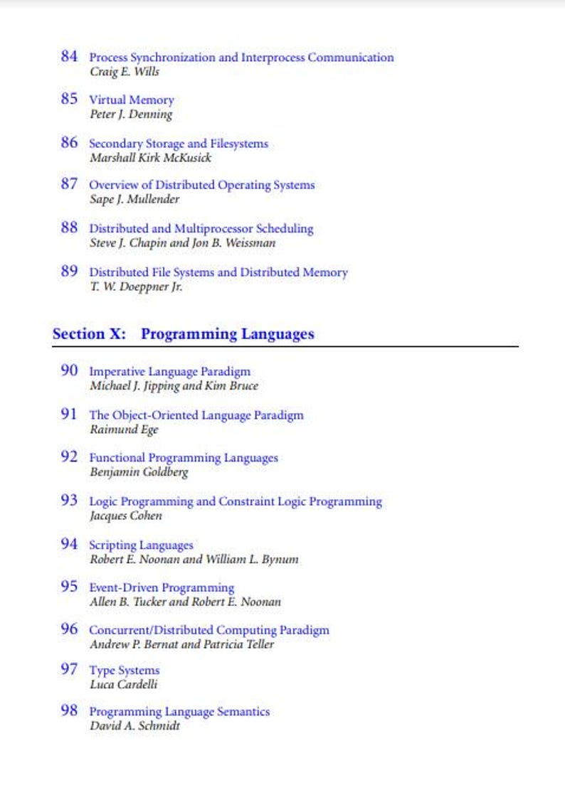 K&ouml;nnte beinhalten: Ein Schwarzwei&szlig;bild einer Buchkapitelliste mit blauem Text. Die Kapitelliste tr&auml;gt den Titel "Programmiersprachen" und umfasst Themen wie "Imperatives Sprachparadigma", "Das objektorientierte Sprachparadigma", "Funktionale Programmiersprachen", "Logische Programmierung und Constraint-Logische Programmierung", "Skriptsprachen", "Ereignisgesteuerte Programmierung", "Konkurrentes/Verteiltes Rechenparadigma", "Typsysteme" und "Semantik von Programmiersprachen".