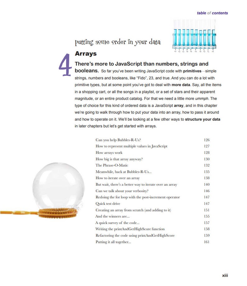 May include: A book cover with the number 4 in a large blue circle. The title of the book is "Putting some order in your data: Arrays". The book cover features a blue bubble with a white wand and a blue handle.