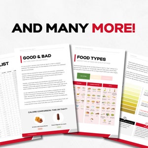 May include: A set of four pages from a guide to healthy eating. The pages are titled "Masterlist", "Good & Bad", "Food Types", and "Calorie Comparison: This or That?" The pages contain text and images related to nutrition and food choices.