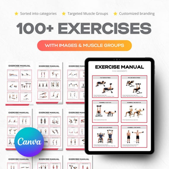 Exercise Workout Template, Gym Fitness Library Guide, Manual, Ebook with Images (100+ Movements)
