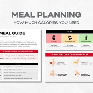 May include: A meal planning guide with a chart for calculating total daily energy expenditure (TDEE) based on gender, weight, height, age, and activity level. The guide also includes a simplified portion approach for fat loss, re-composition, and muscle building.