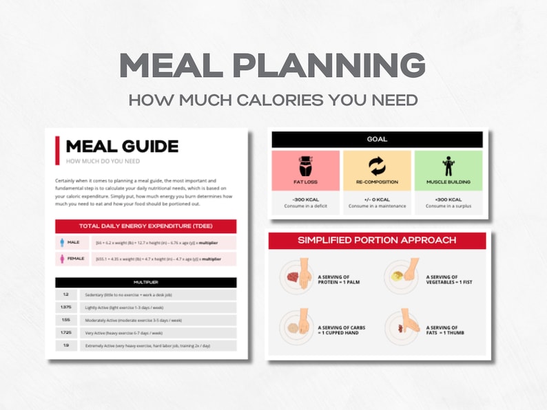 May include: A meal planning guide with a chart for calculating total daily energy expenditure (TDEE) based on gender, weight, height, age, and activity level. The guide also includes a simplified portion approach for fat loss, re-composition, and muscle building.