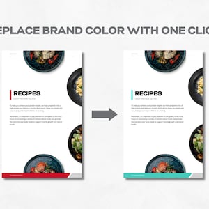 May include: Two pages of a recipe book with a white background and a red and a turquoise vertical bar on the left side of each page. The text "RECIPES" is in black on a white background. The text "HIGH PROTEIN RECIPES" is in gray on a white background. The text "To help you achieve your protein targets, we have prepared a lot of high protein and delicious recipes. Don't worry, these are simple and easy to prep, and require little to no cooking." is in gray on a white background. The text "Remember, it's important to pay attention to the quality of the food you are consuming. A variety of nutrient-dense foods that provide the nutrients your body needs to support muscle growth and overall health." is in gray on a white background. The pages are decorated with photos of food on plates.