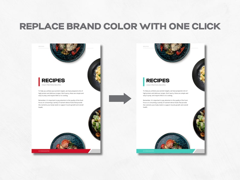 May include: Two pages of a recipe book with a white background and a red and a turquoise vertical bar on the left side of each page. The text "RECIPES" is in black on a white background. The text "HIGH PROTEIN RECIPES" is in gray on a white background. The text "To help you achieve your protein targets, we have prepared a lot of high protein and delicious recipes. Don't worry, these are simple and easy to prep, and require little to no cooking." is in gray on a white background. The text "Remember, it's important to pay attention to the quality of the food you are consuming. A variety of nutrient-dense foods that provide the nutrients your body needs to support muscle growth and overall health." is in gray on a white background. The pages are decorated with photos of food on plates.