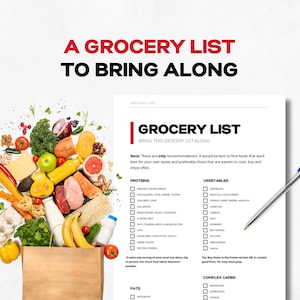 May include: A printable grocery list with checkboxes for different food categories, including proteins, vegetables, fats, and complex carbs. The list is titled "Grocery List" and has the text "Bring this grocery list along". A bag of groceries spills out of the top of the page, including fresh produce, meat, and dairy products.